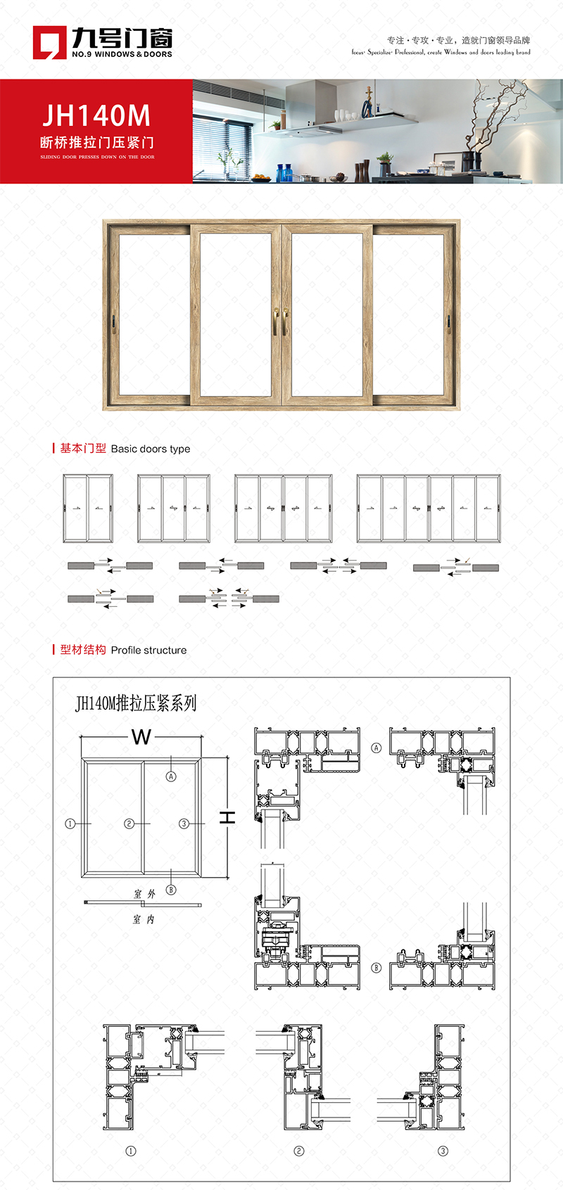 JH140M斷橋推拉壓緊門，高端鋁合金加盟